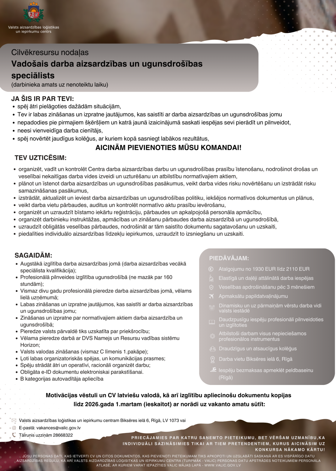 Cilvēkresursu nodaļas Vadošais darba aizsardzības un ugunsdrošības speciālists